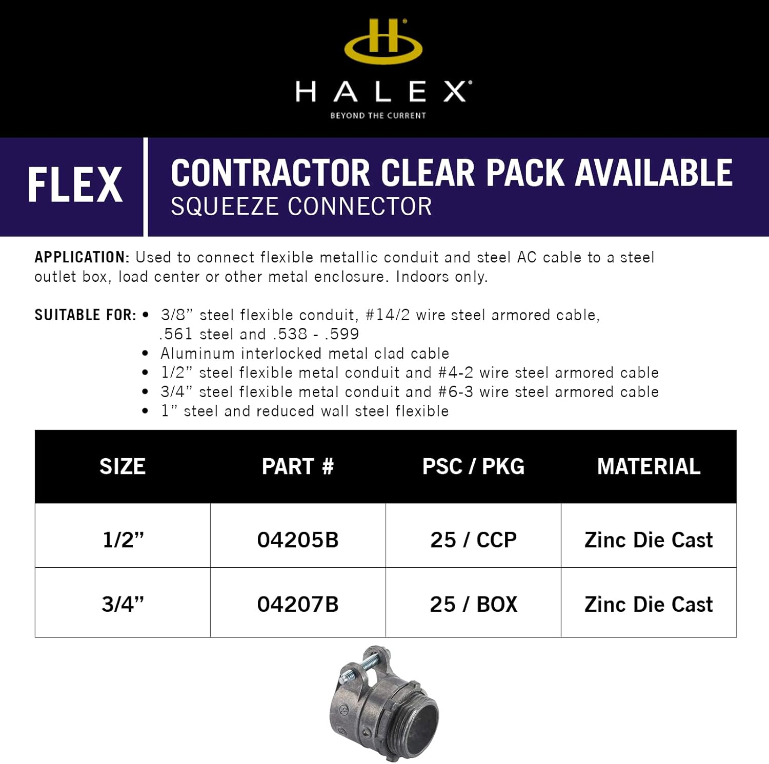 HALEX HALEX 04205B Flexible Metal Conduit (FMC) Squeeze Connector 25 Per Pack