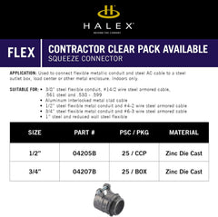HALEX HALEX 04205B Flexible Metal Conduit (FMC) Squeeze Connector 25 Per Pack