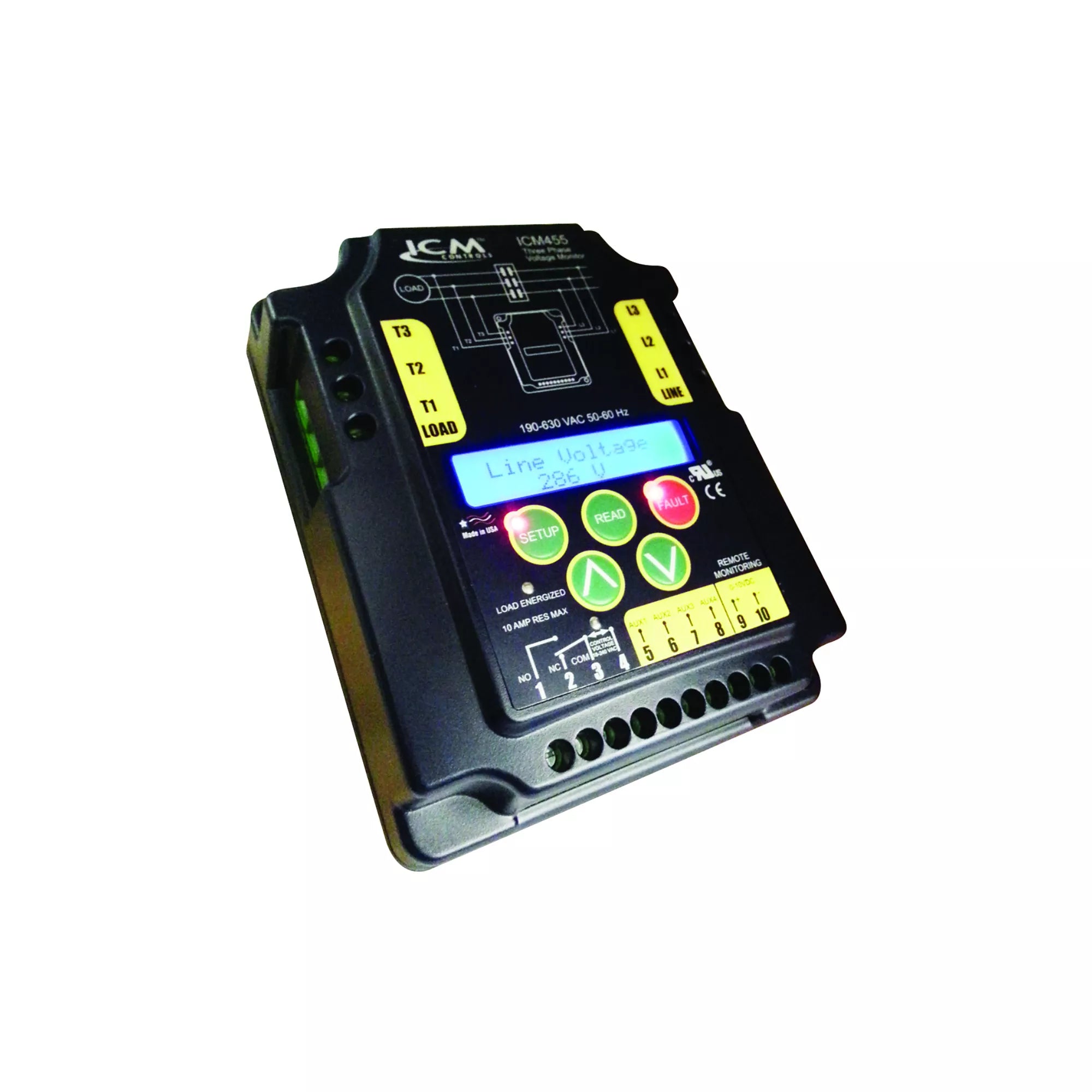ICM CONTROLS Icm Controls ICM455 3-Phase Monitor, 100-Fault Memory With Time/Date Stamp, Lcd, Setup And Diagnostics
