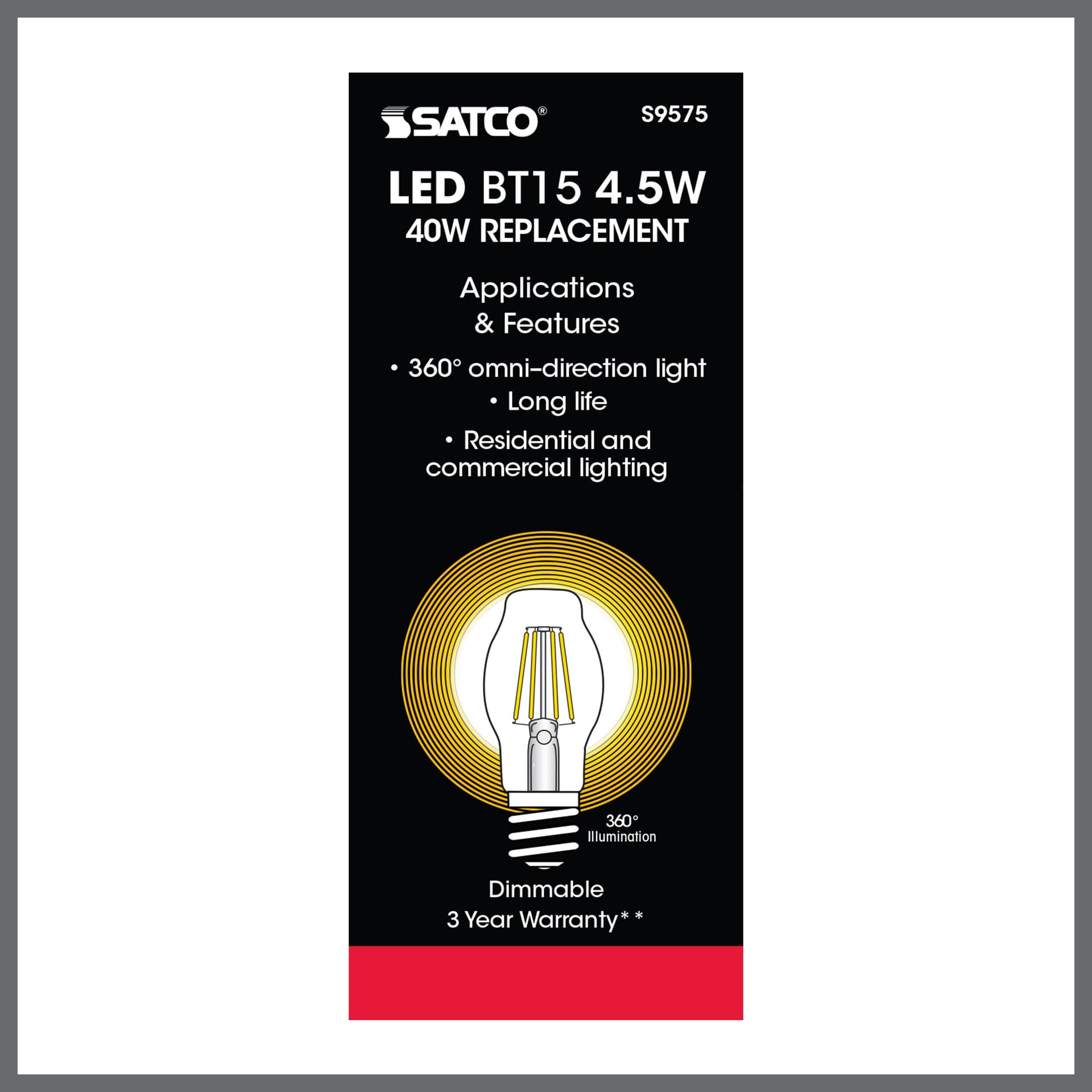SATCO Satco S9575 LED Filament 4.5W BT15 Medium Base 120V