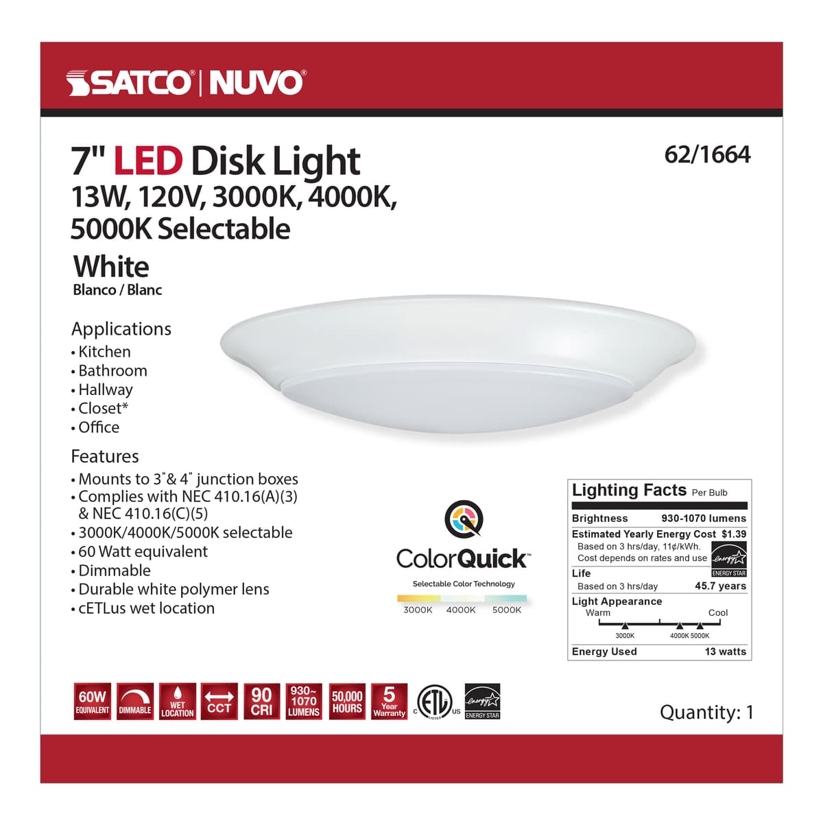 SATCO Satco 62-1664 7 inches LED Disk Light 13W REPLACEMENT 62-1801R1
