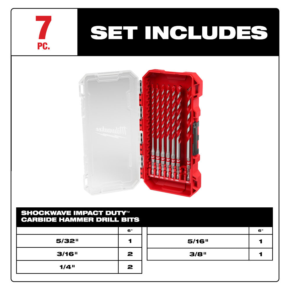 MILWAUKEE Milwaukee 48-20-9052 Shockwave 7-Piece Carbide Masonry Drill Bit Set