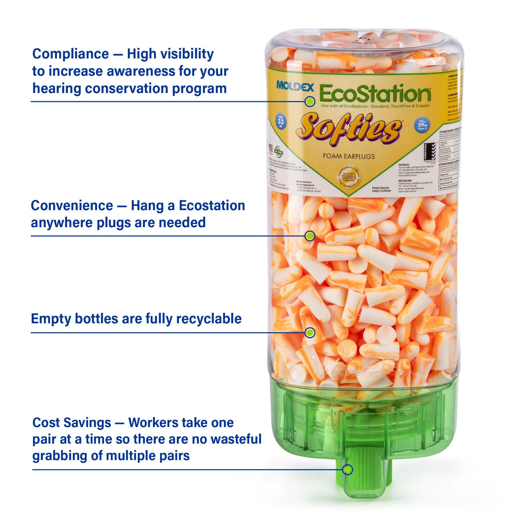 MOLDEX Moldex 6701 EcoStation Earplug Dispenser One Size, Foam, Tapered, Uncorded, 33 dB, Wall 500 Pair/Dispenser
