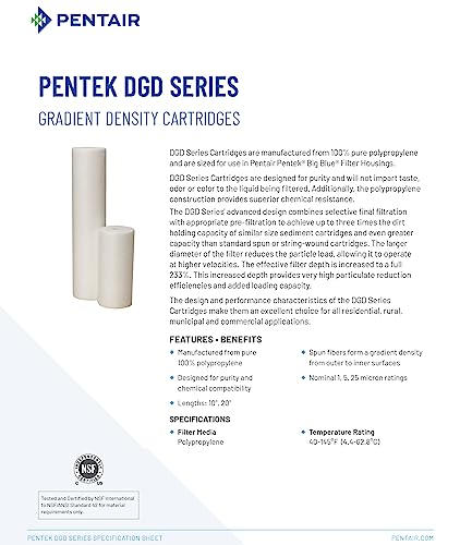 PENTEK Pentek DGD-5005-20 Big Blue Water Filter, 20-Inch Whole House Sediment Filter Cartridge Replacement, Dual-Gradient Density Spun Polypropylene, 5 Micron, Pack of 1