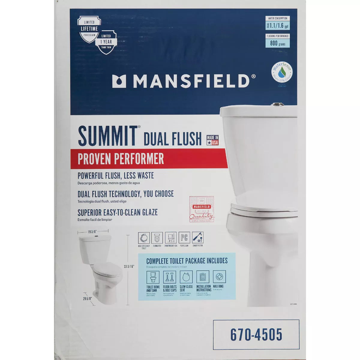 Mansfield Mansfield Mansfield 4385CTK Summit SmartHeight White Elongated Bowl 1.28 GPF Complete Toilet