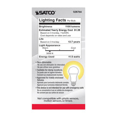 Satco Satco S28766 A19 LED 11.5 Watt 3000K Medium Base 220 deg. Beam Angle 120 Volt