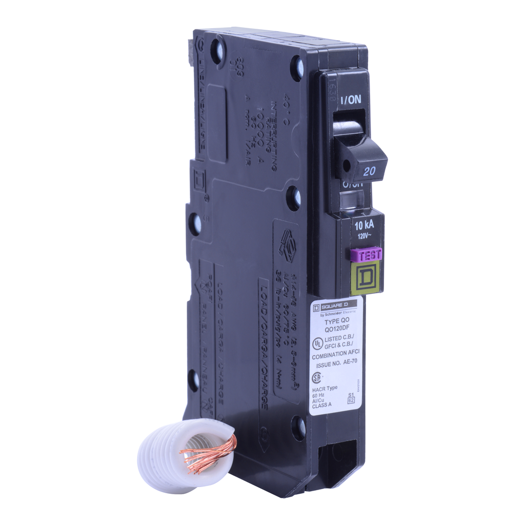 SCHNEIDER ELECTRIC Square D QO120DF Combination Arc-Fault & Ground Fault Circuit Breaker 20A 120V 1Ph 1Pole 10kAIR