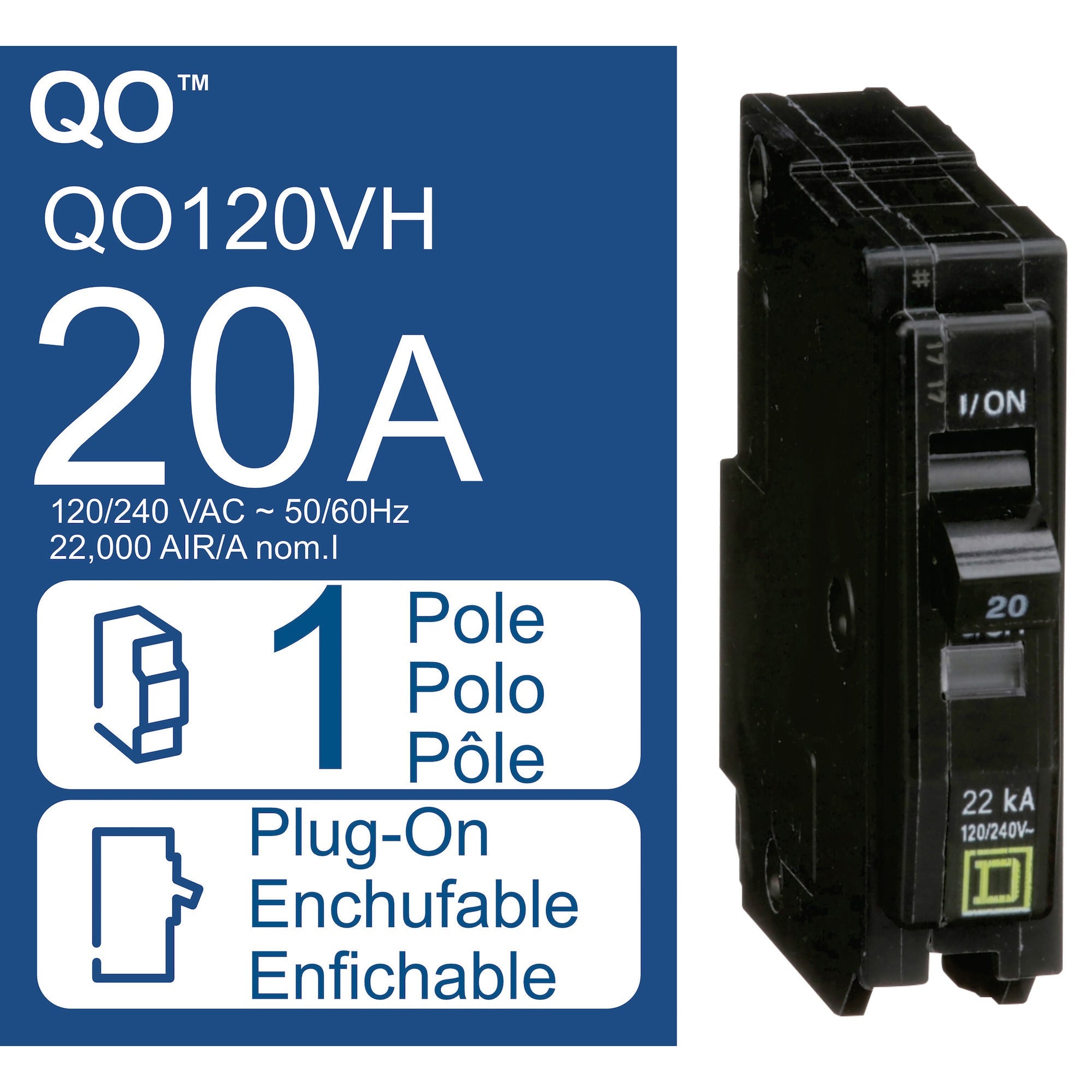 SCHNEIDER ELECTRIC Square D QO120VH Miniature Circuit Breaker 20A 120/240V 1Ph 1P