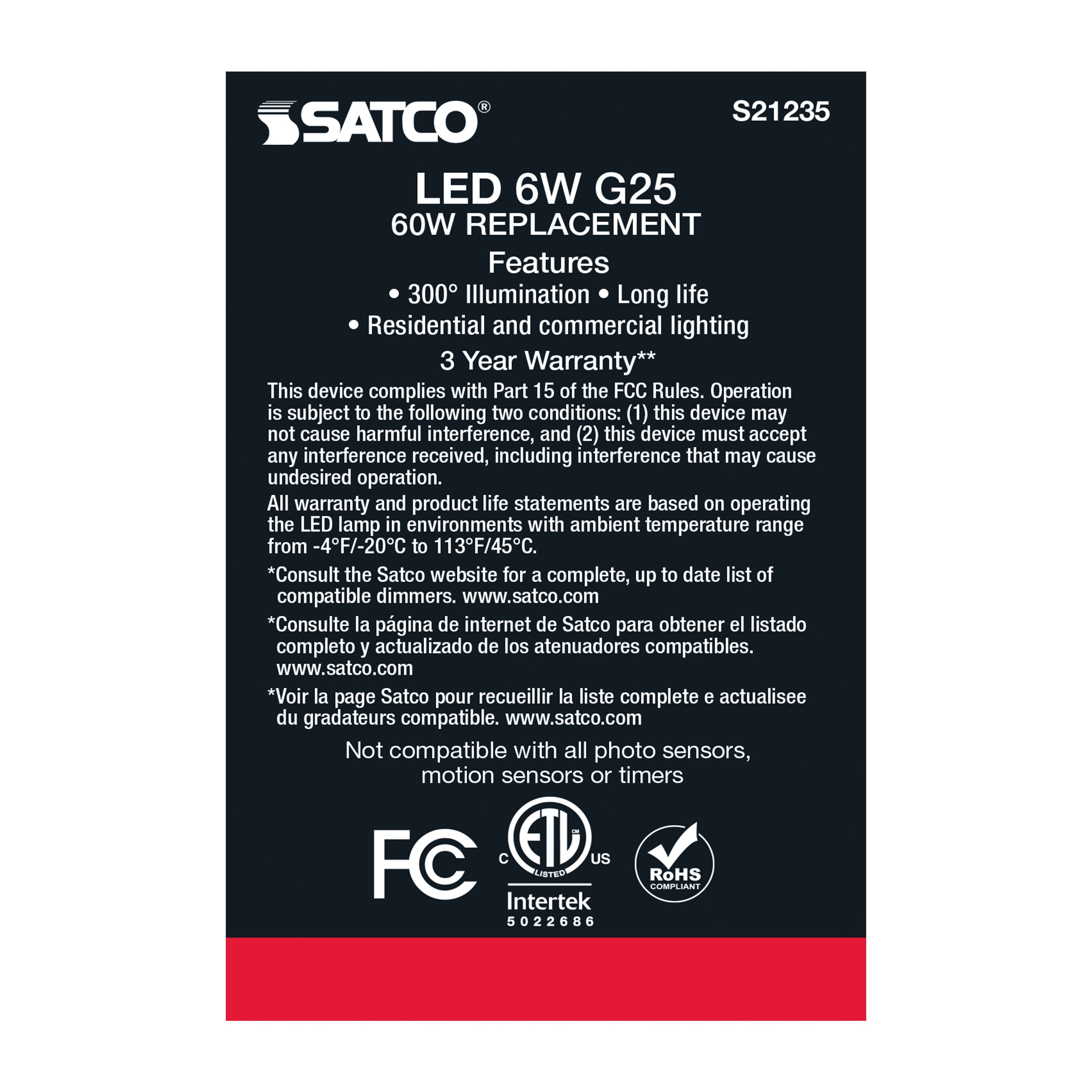 SATCO Satco S21235 6G25/LED/CL/930/120V 6 Watt