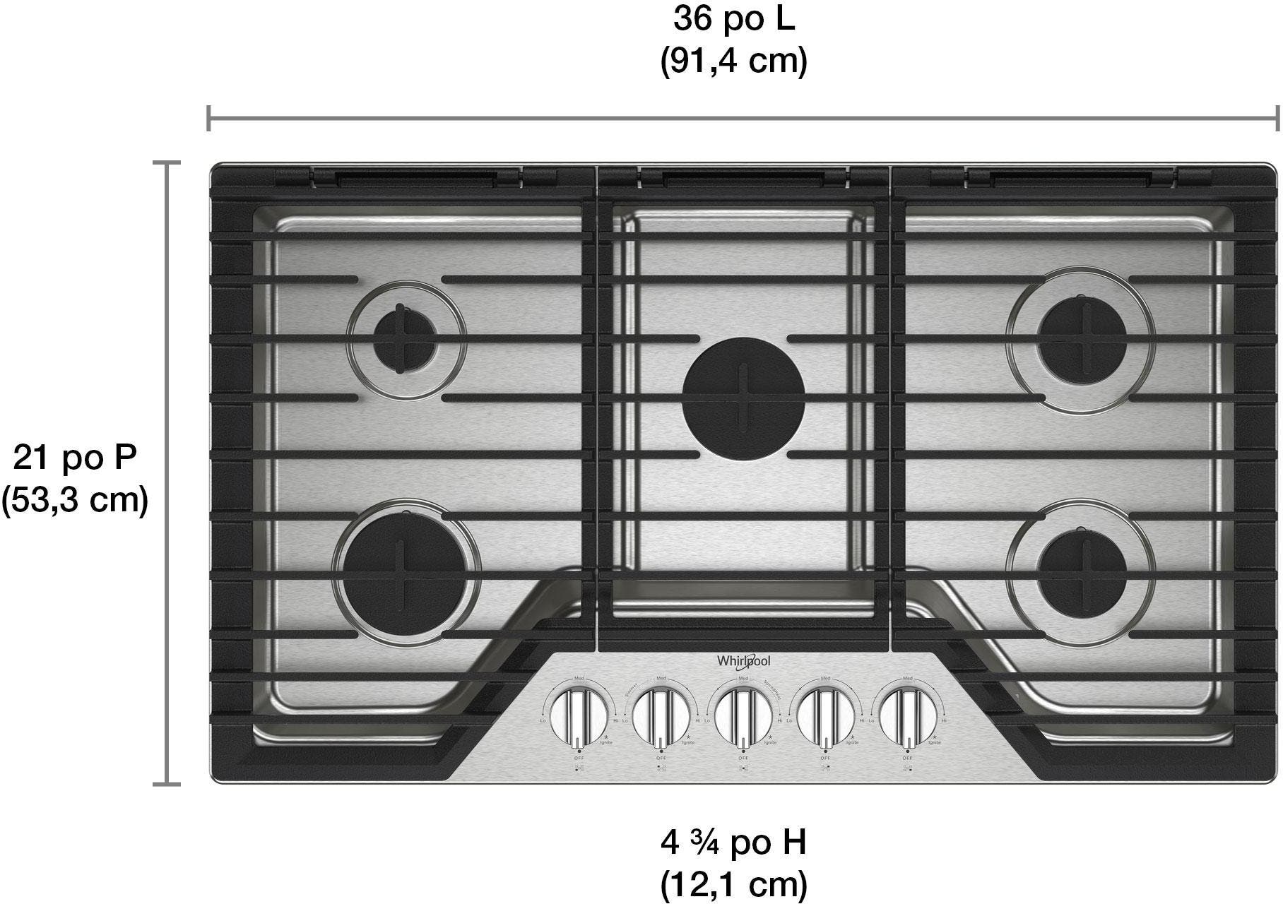 WHIRLPOOL Whirlpool WCGK5036PS 36-inch Gas Cooktop with 5 Burners and EZ-2-Lift™ Hinged Cast-Iron Grates