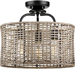 PROGRESS LIGHTING Progress Lighting P350183-031 Lavelle Collection 3-Light Natural Rattan Textured Black Global Semi-Flush Mount Convertible Ceiling Light 14.38x15.63x15.63