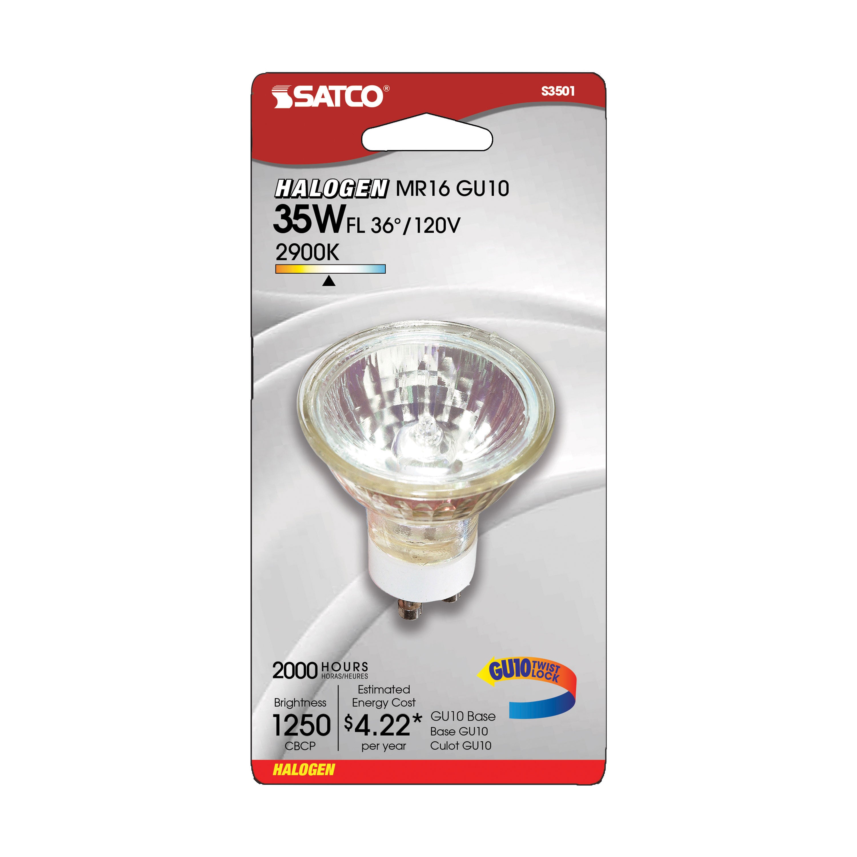 SATCO Satco S3501 Bulb, Halogen, 35W, MR16, Sub Minature 2 Pin GU10 Base, MR, Flood