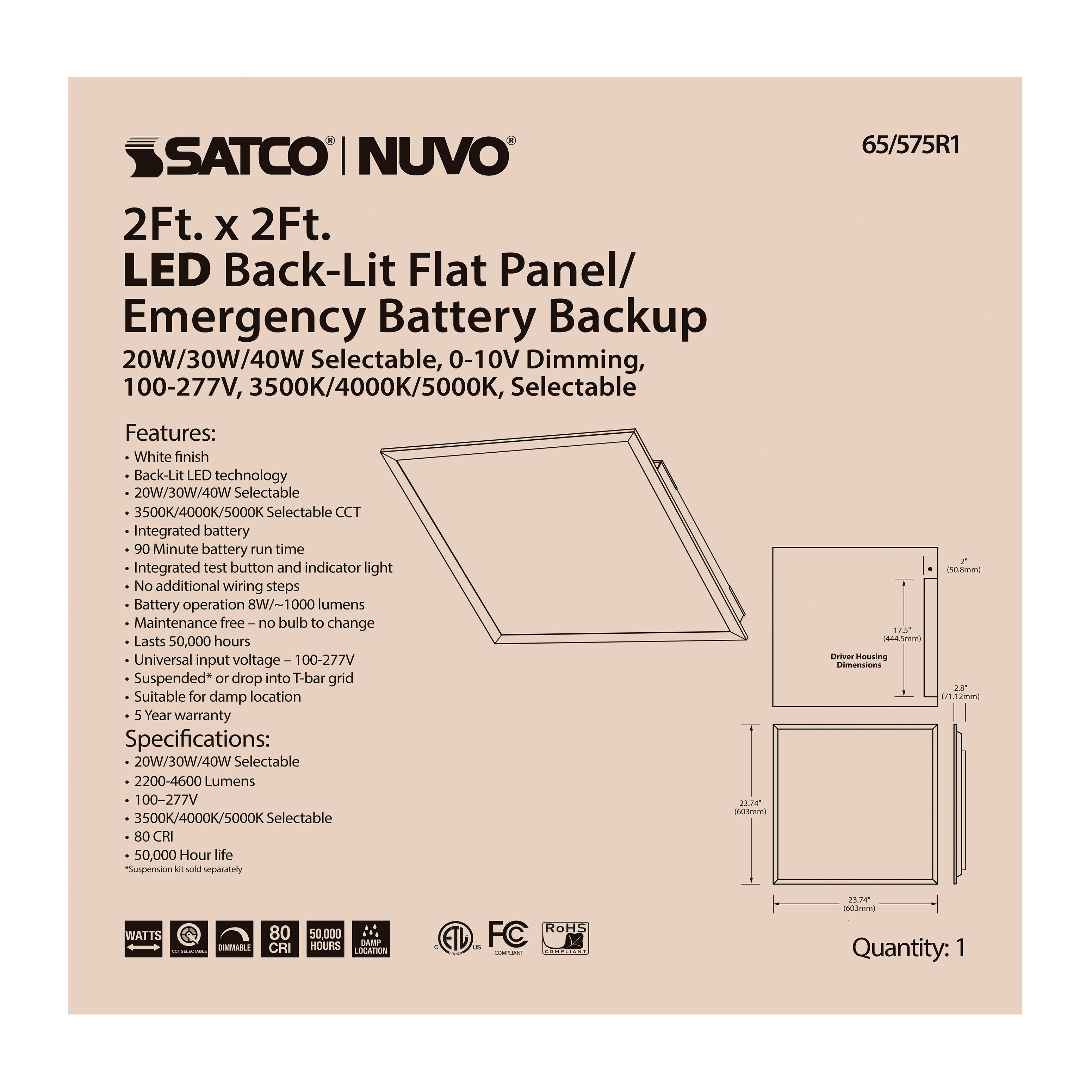 SATCO Satco 65/575R1 2x2 LED EM Backlit Flat Panel 20W/30W/40W