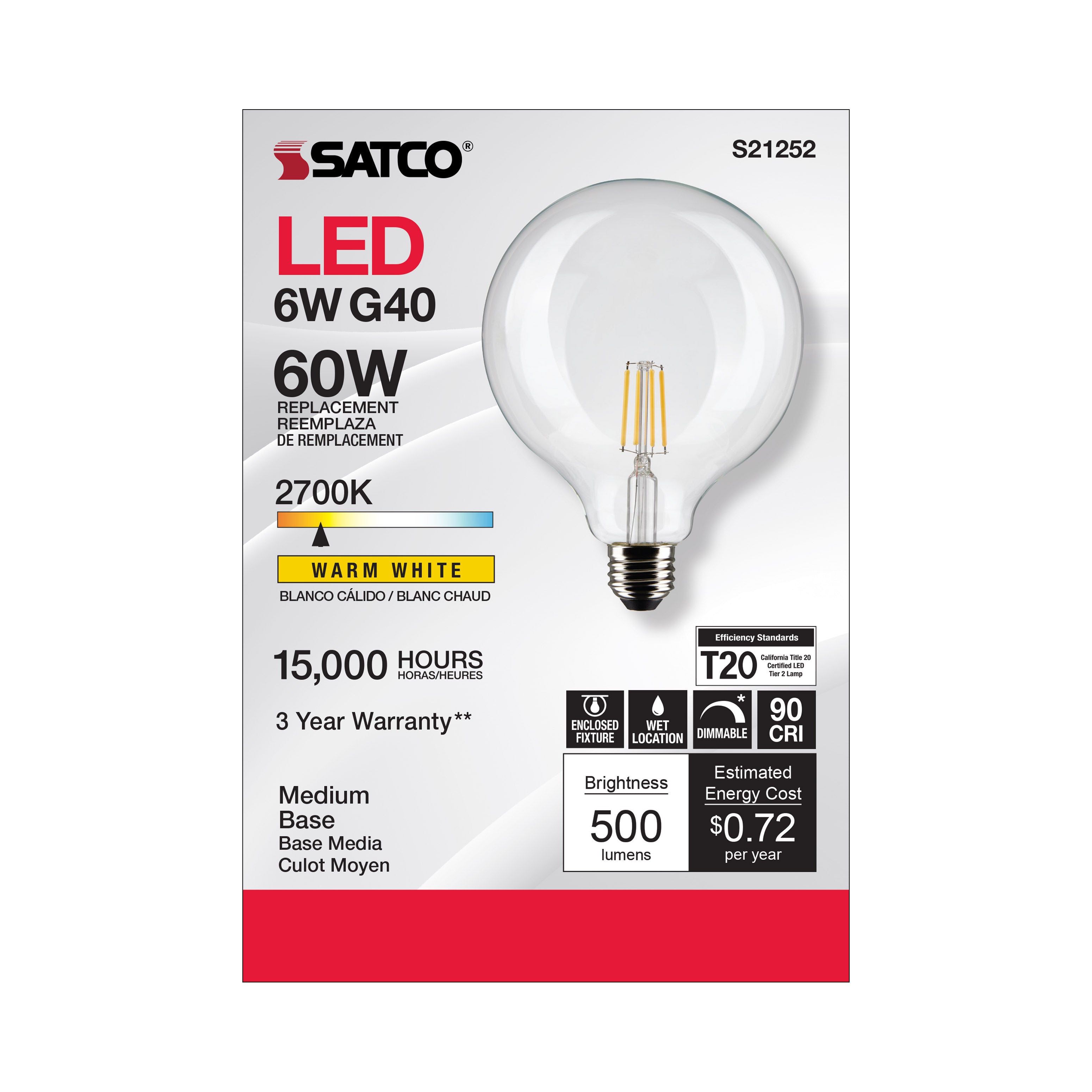 SATCO-NUVO Satco-Nuvo S21252 6G40/CL/LED/E26/927/12 6 Watt