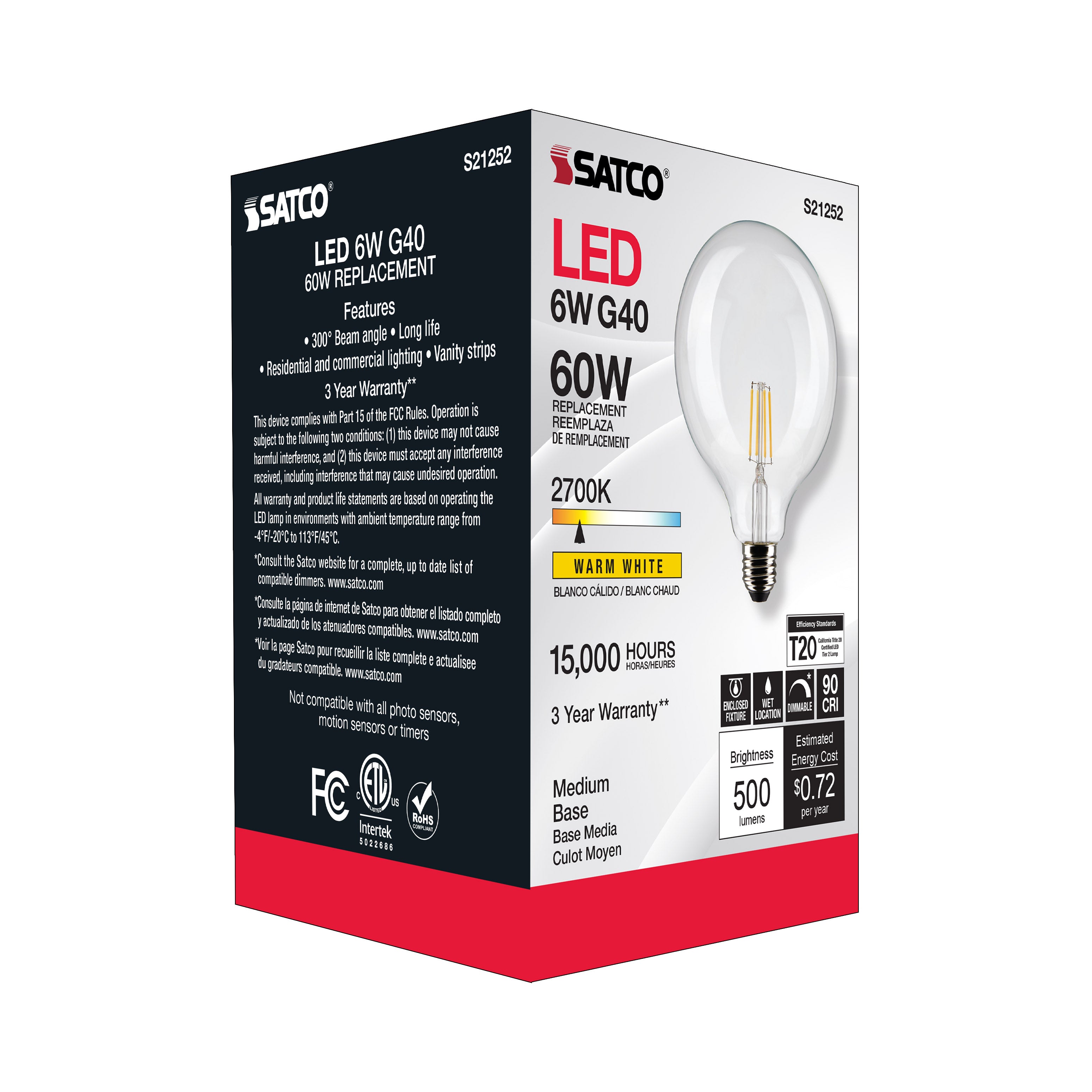 SATCO-NUVO Satco-Nuvo S21252 6G40/CL/LED/E26/927/12 6 Watt