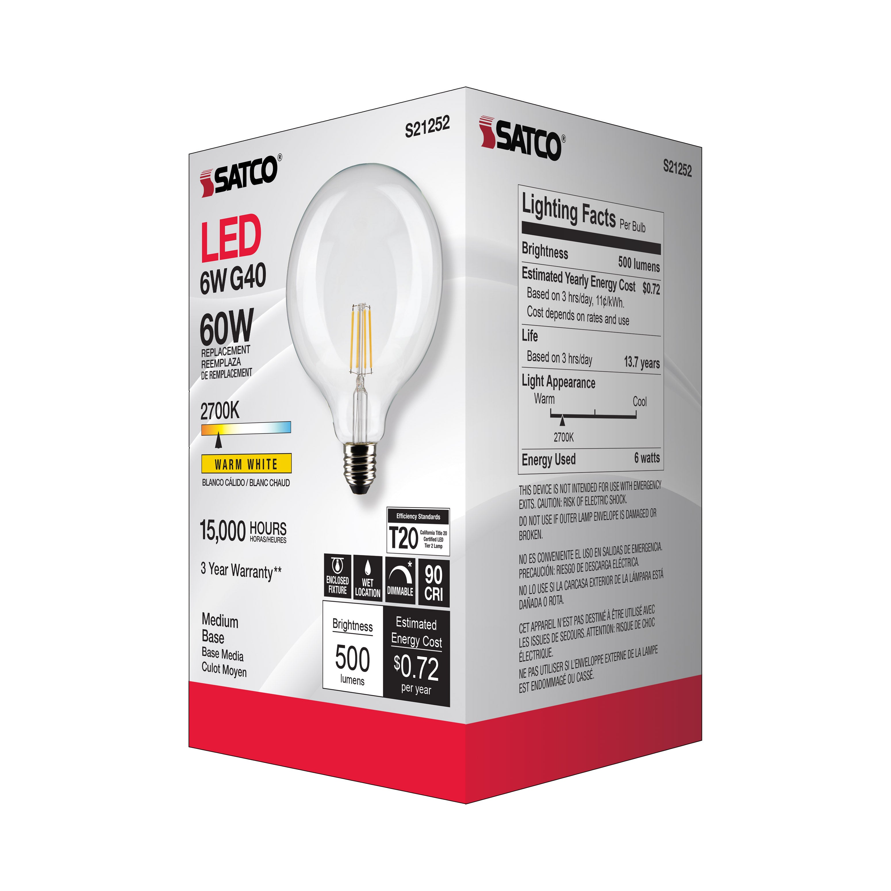 SATCO-NUVO Satco-Nuvo S21252 6G40/CL/LED/E26/927/12 6 Watt