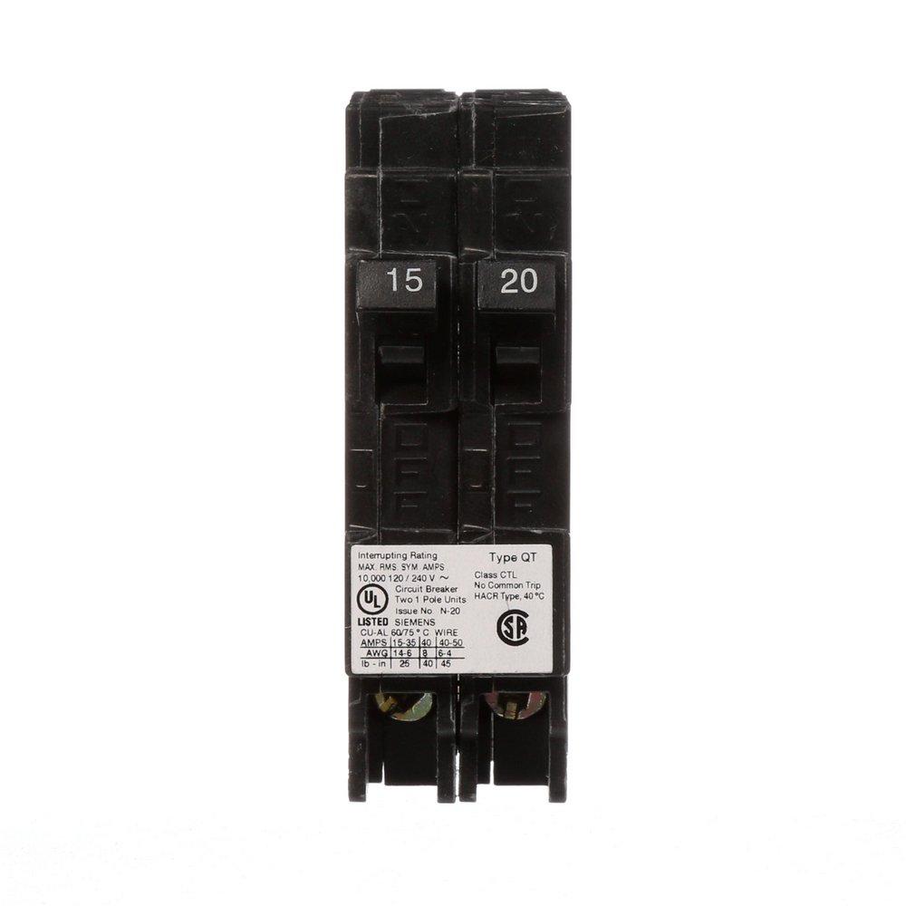 SIEMENS Siemens Q1520 1-Pole 15A-20A 120V AC Duplex Circuit Breaker, Plug-In, 10kA