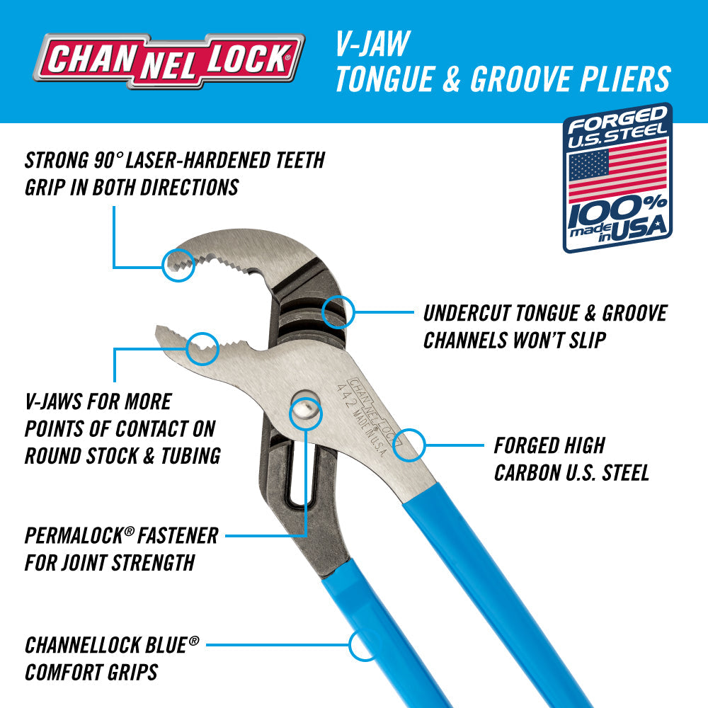 CHANNELLOCK Channellock 442G 12-inch V-Jaw Tongue & Groove Pliers