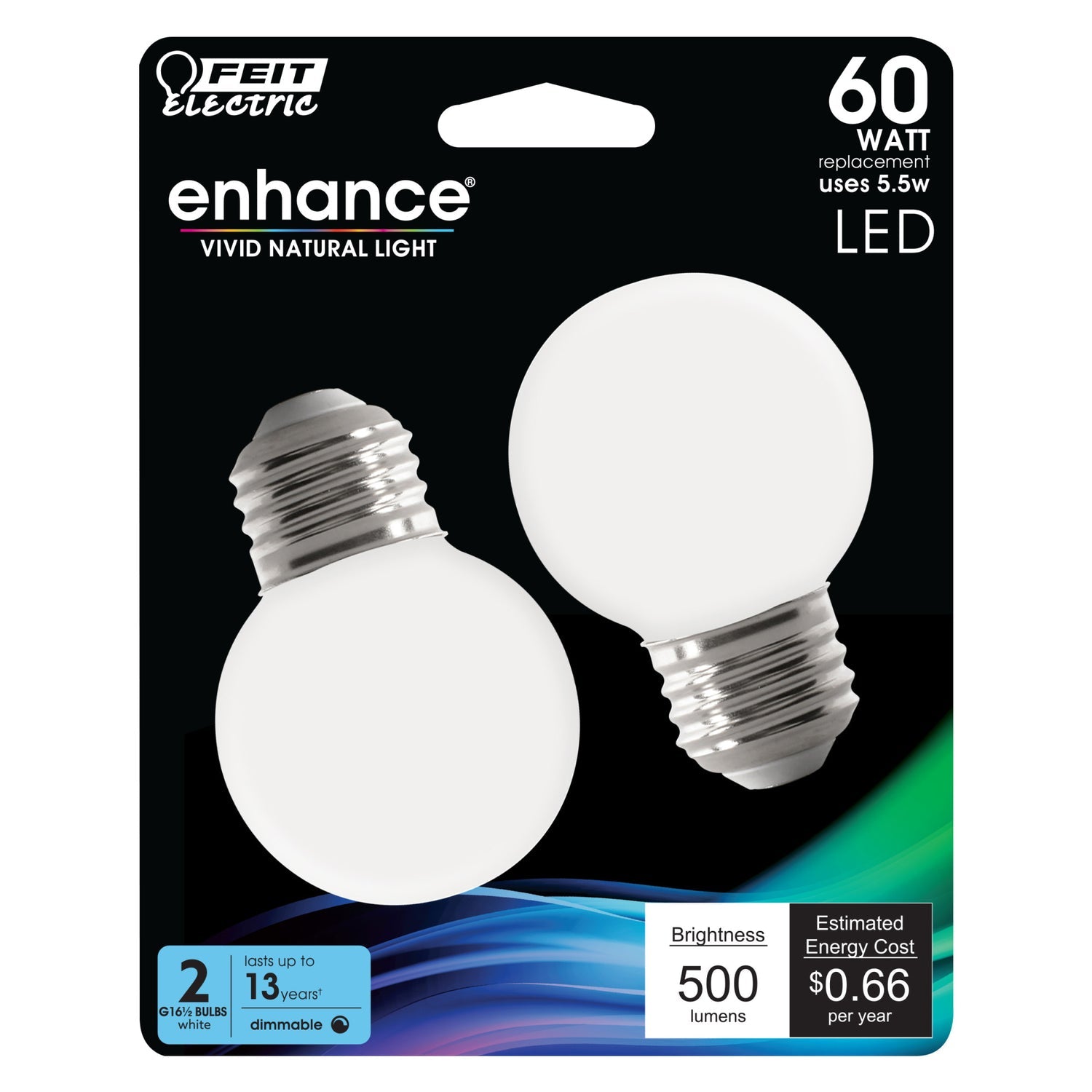 FEIT ELECTRIC Feit Electric BPGM60W950CAFIL/2 LED Bulb, Globe, G165 Lamp, 60 W Equivalent, E26 Lamp Base, Dimmable