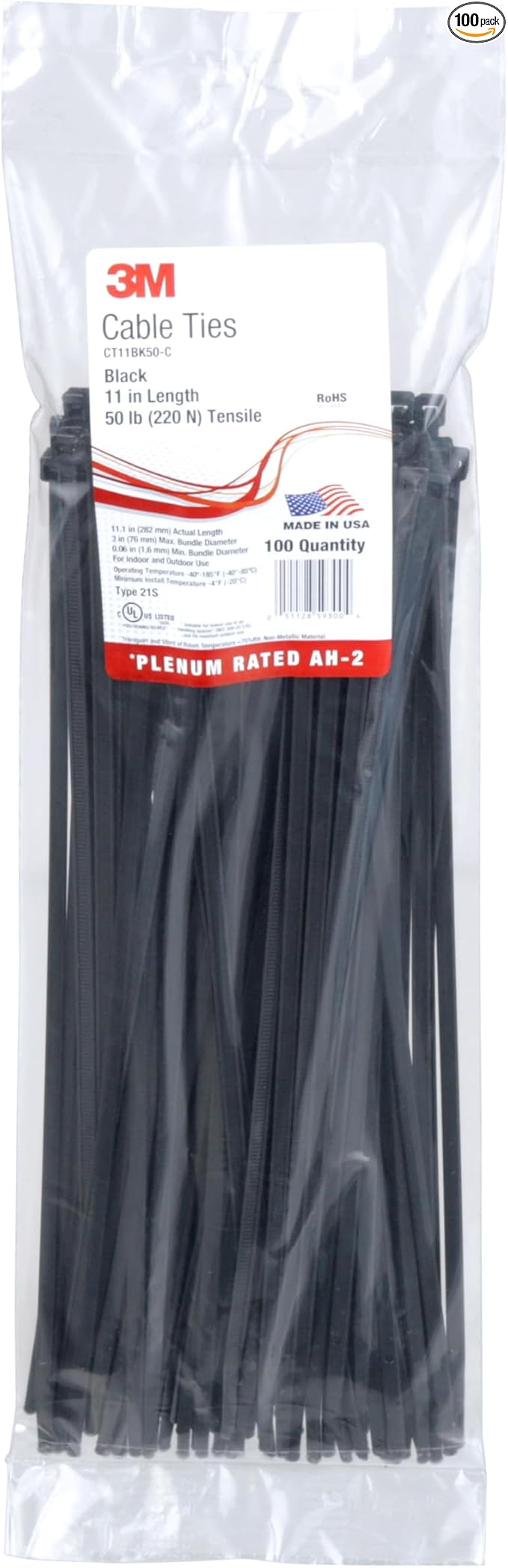 3M 3M CT11BK50-C 11 inches Black 50lb Cable Tie (100/Bag)