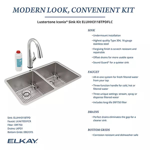ELKAY Elkay ELUHH3118TPD Lustertone Iconix 16 gauge stainless steel 32-3/4 inches x 19-1/2 inches x 9 inches double bowl undermount sink with perfect drain