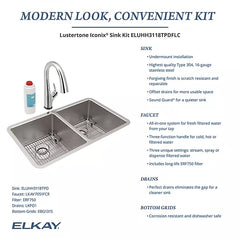 ELKAY Elkay ELUHH3118TPD Lustertone Iconix 16 gauge stainless steel 32-3/4 inches x 19-1/2 inches x 9 inches double bowl undermount sink with perfect drain
