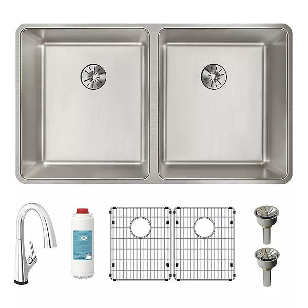 ELKAY Elkay ELUHH3118TPD Lustertone Iconix 16 gauge stainless steel 32-3/4 inches x 19-1/2 inches x 9 inches double bowl undermount sink with perfect drain
