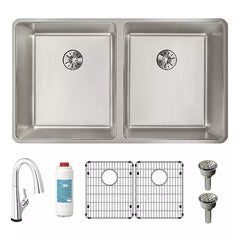 ELKAY Elkay ELUHH3118TPD Lustertone Iconix 16 gauge stainless steel 32-3/4 inches x 19-1/2 inches x 9 inches double bowl undermount sink with perfect drain