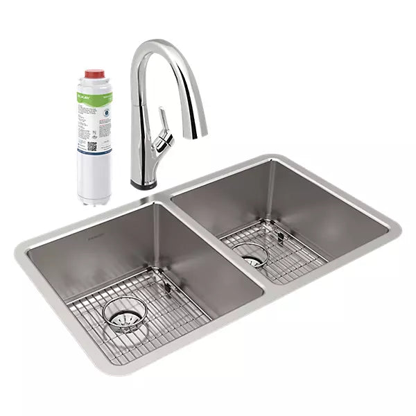 ELKAY Elkay ELUHH3118TPD Lustertone Iconix 16 gauge stainless steel 32-3/4 inches x 19-1/2 inches x 9 inches double bowl undermount sink with perfect drain