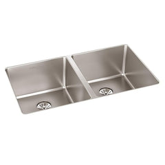 ELKAY Elkay ELUHH3118TPD Lustertone Iconix 16 gauge stainless steel 32-3/4 inches x 19-1/2 inches x 9 inches double bowl undermount sink with perfect drain