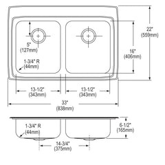 ELKAY Elkay LRAD332265MR2 Lustertone SS Equal 2 Bowl Top Mnt Sink 33 inches x 22 inches x 6.5 inches