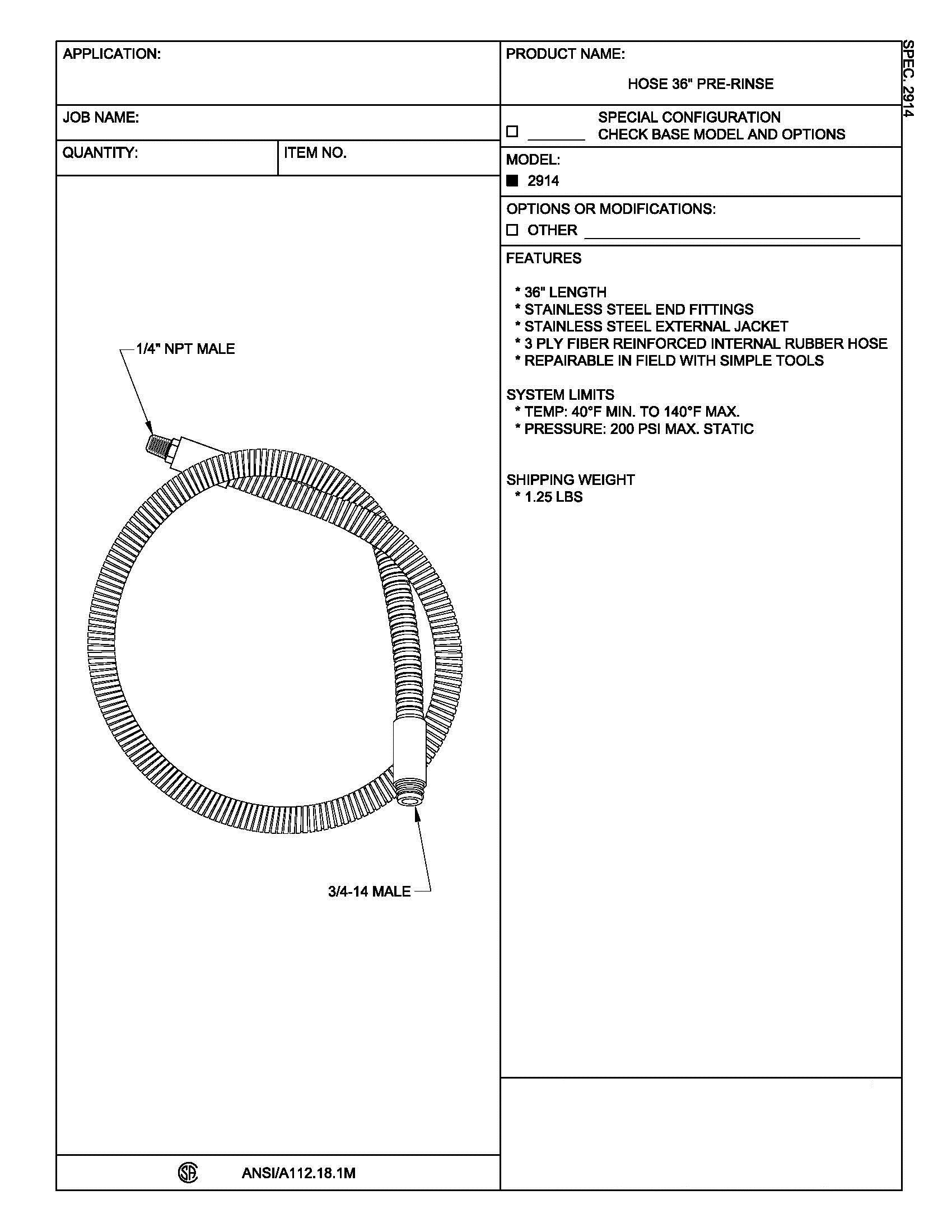 FISHER Fisher 2914 Pre-Rinse Hose 36 inches