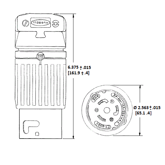 HUBBELL WIRING Hubbell Wiring Device-Kellems CS8465C 50 Amp 480 Volt 2-Pole 3-Wire Black and White Locking Plug
