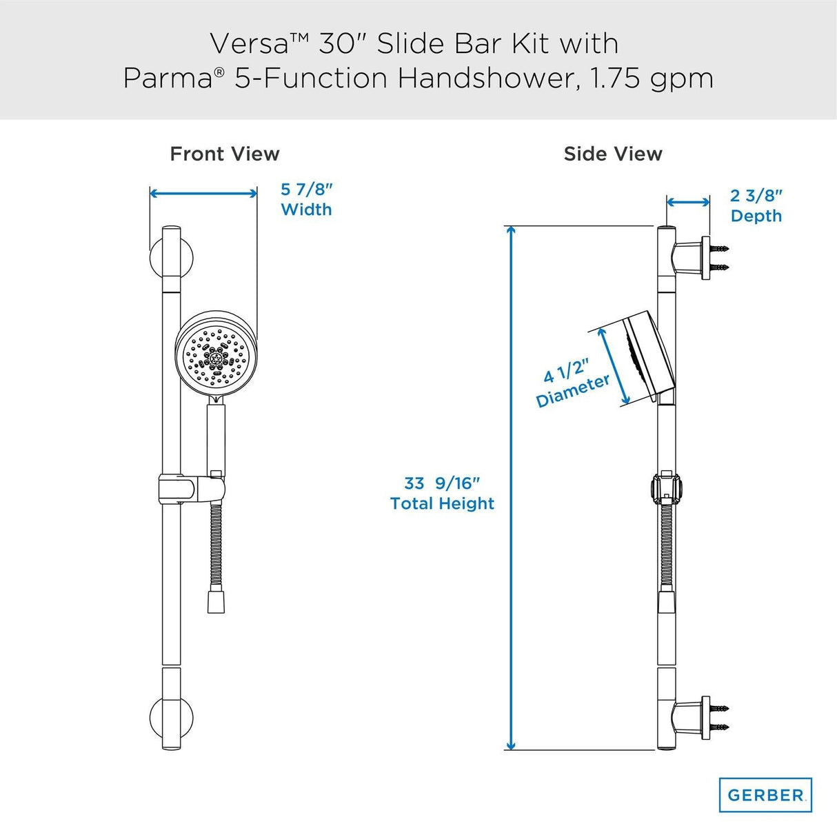 GERBER Gerber D461758BS Versa 30 inches Slide Bar Assembly w/ Parma 5 Function Handshower 1.75gpm