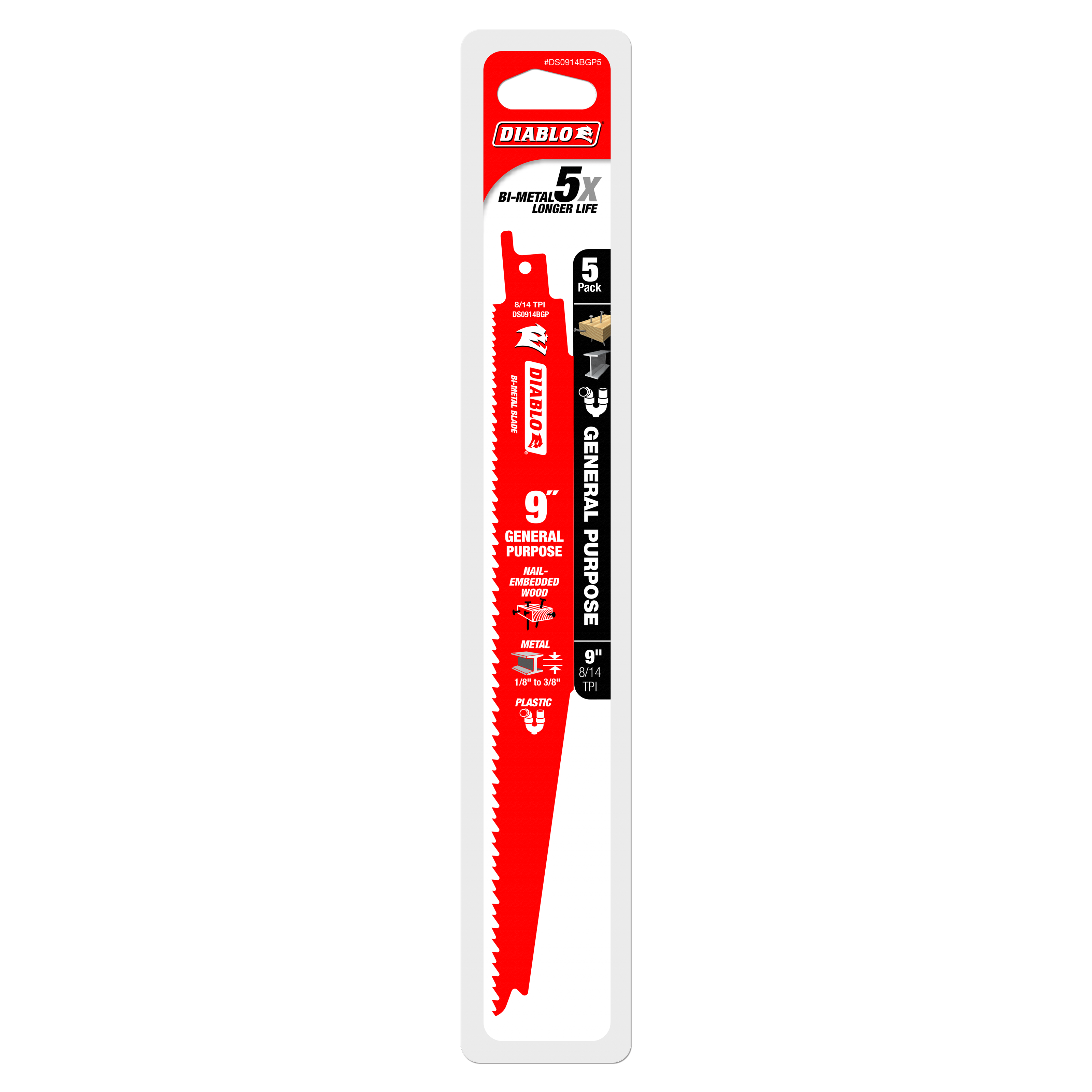 DIABLO Diablo DS0914BGP5 Demo Demon 9 In. 8/14 TPI Wood and Metal Cutting Reciprocating Saw Blade (5-Pack)