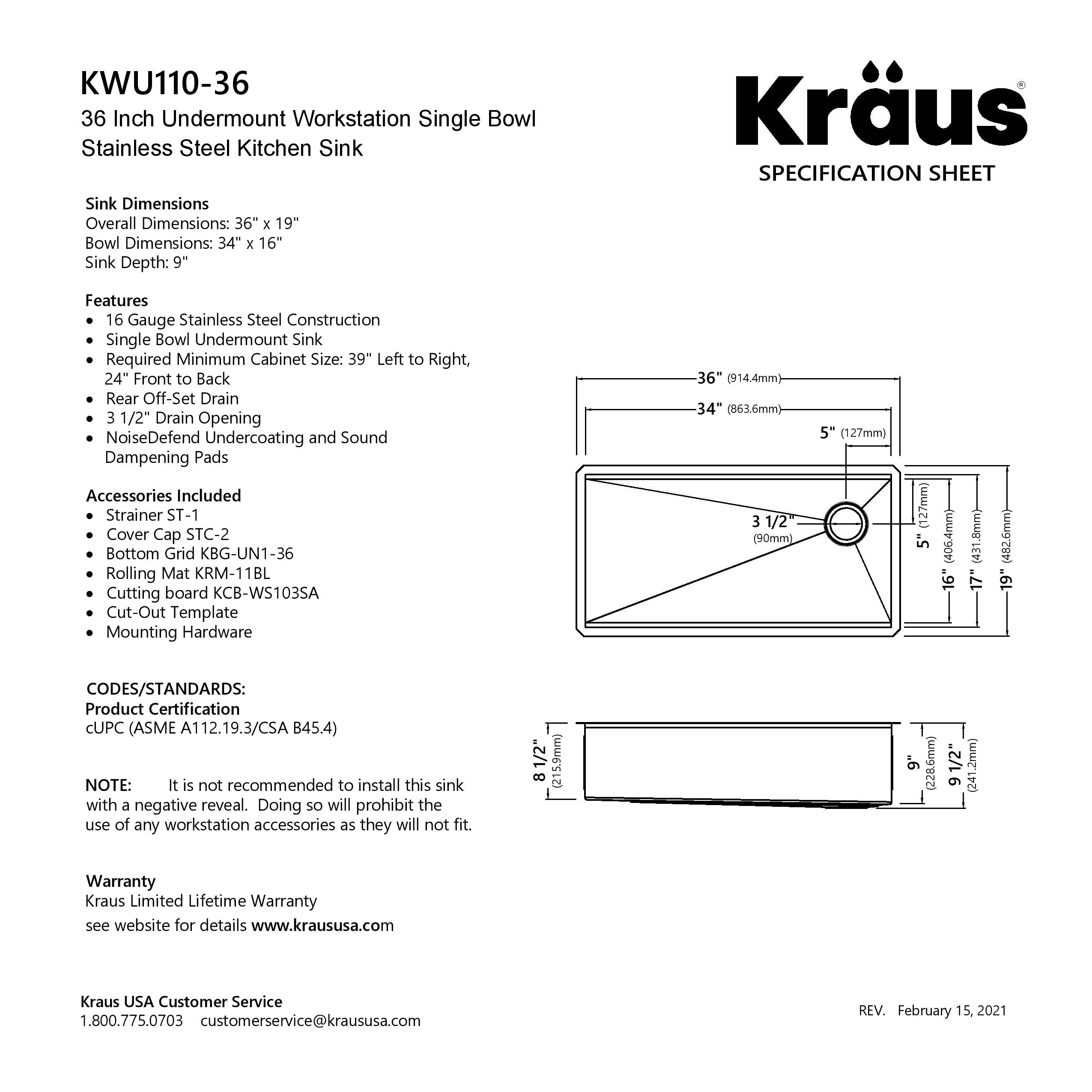 KRAUS Kraus KWU110-36 Kore 36 Inch Undermount Workstation 16 Gauge Stainless Steel Single Bowl Kitchen Sink with Accessories