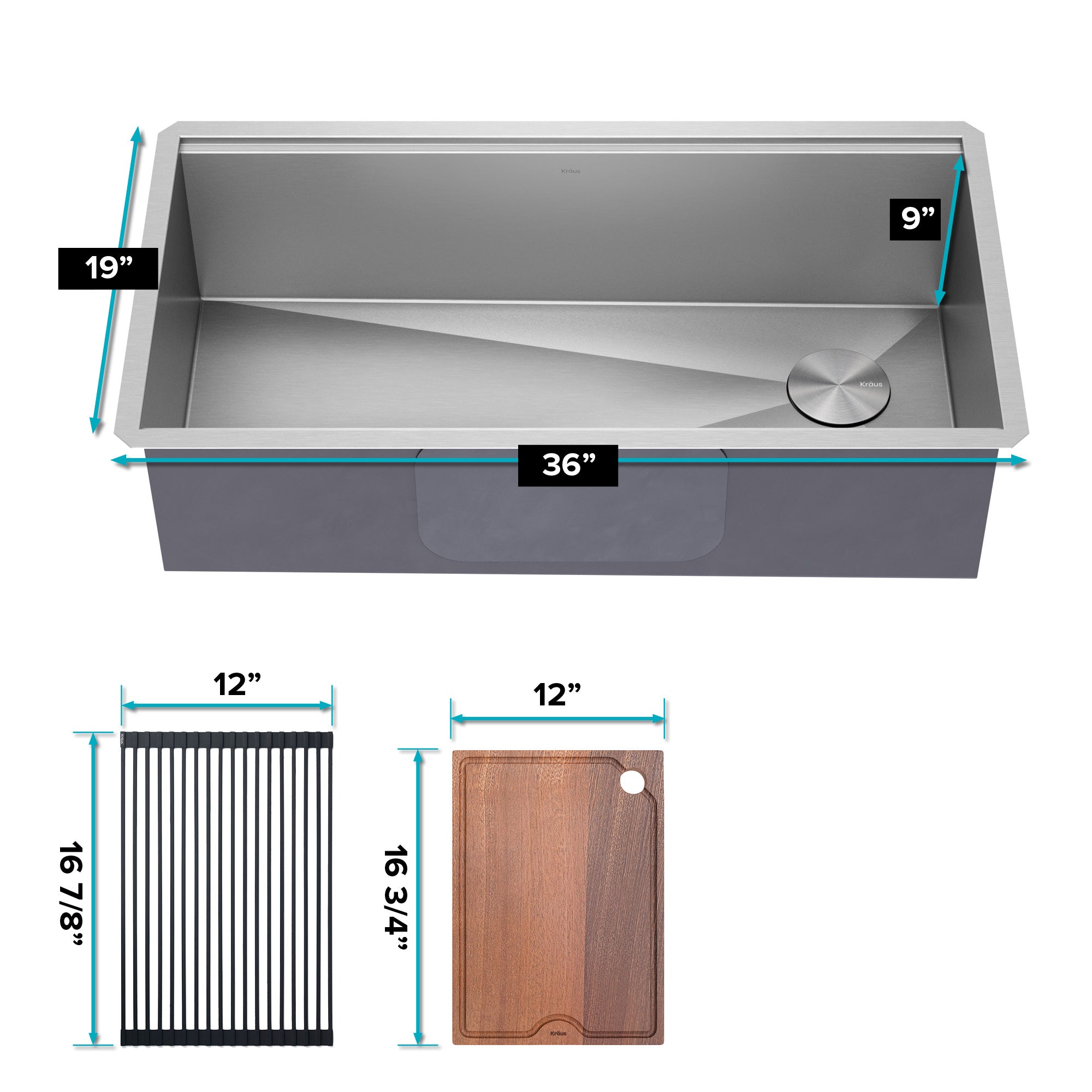 KRAUS Kraus KWU110-36 Kore 36 Inch Undermount Workstation 16 Gauge Stainless Steel Single Bowl Kitchen Sink with Accessories