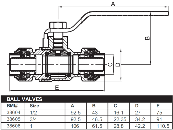 BMI Bmi 38605 brass push-fit ball valve fitting 3/4 inches (package quantities)