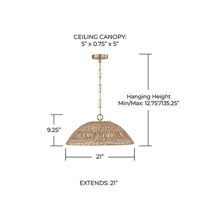 CAPITAL Capital 347511MA Naomi Bohemian Handcrafted Rattan Pendant Ceiling Light Fixture 100 Watt 9 H x 21 W