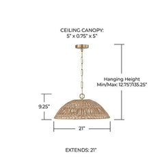 CAPITAL Capital 347511MA Naomi Bohemian Handcrafted Rattan Pendant Ceiling Light Fixture 100 Watt 9 H x 21 W