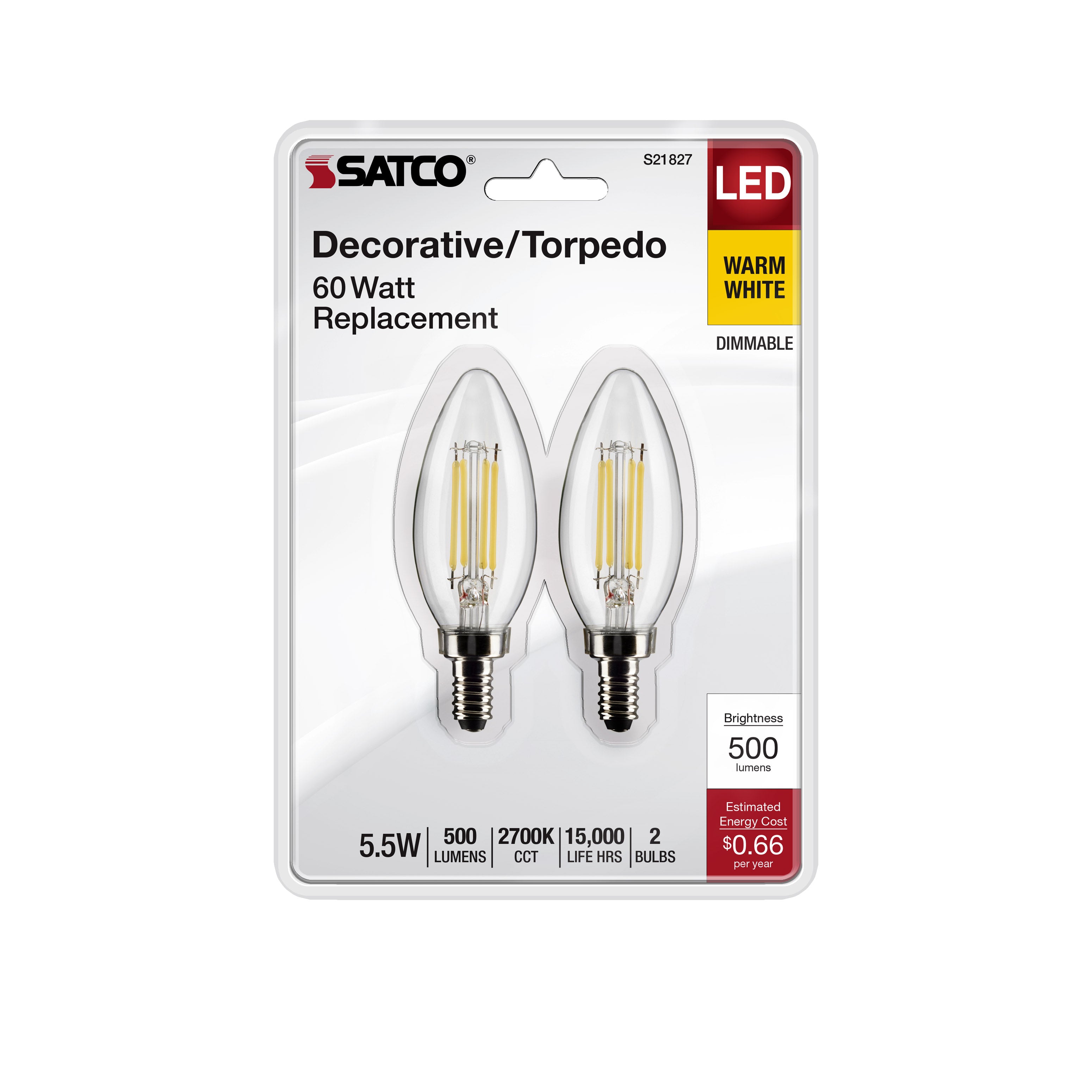 SATCO Satco S21827 B11 LED bulb 5.5 watt 2-pack replacement S21733