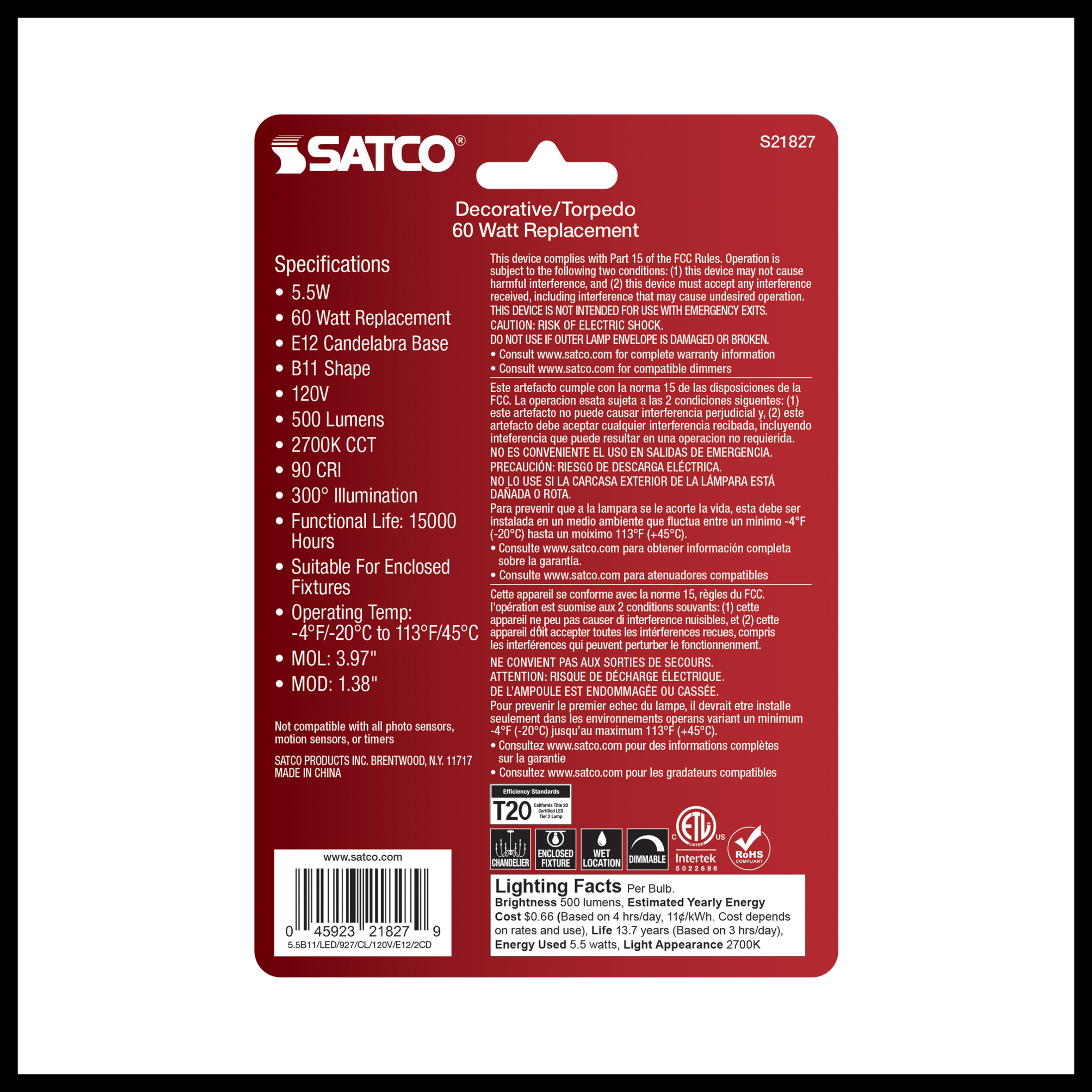 SATCO Satco S21827 B11 LED bulb 5.5 watt 2-pack replacement S21733