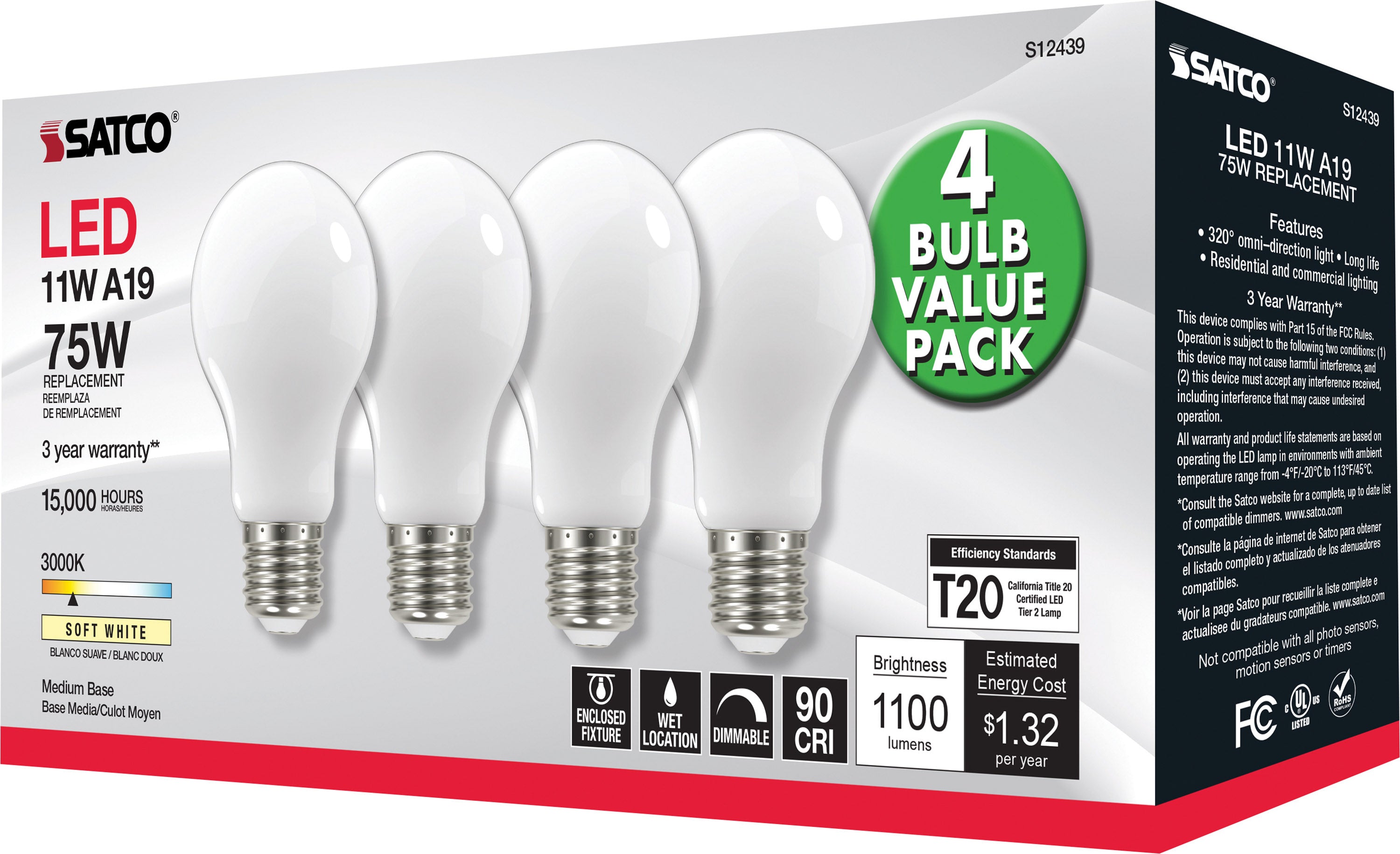 SATCO Satco S12439 A19 LED 11 Watt 75 Watt Replacement 4-Pack