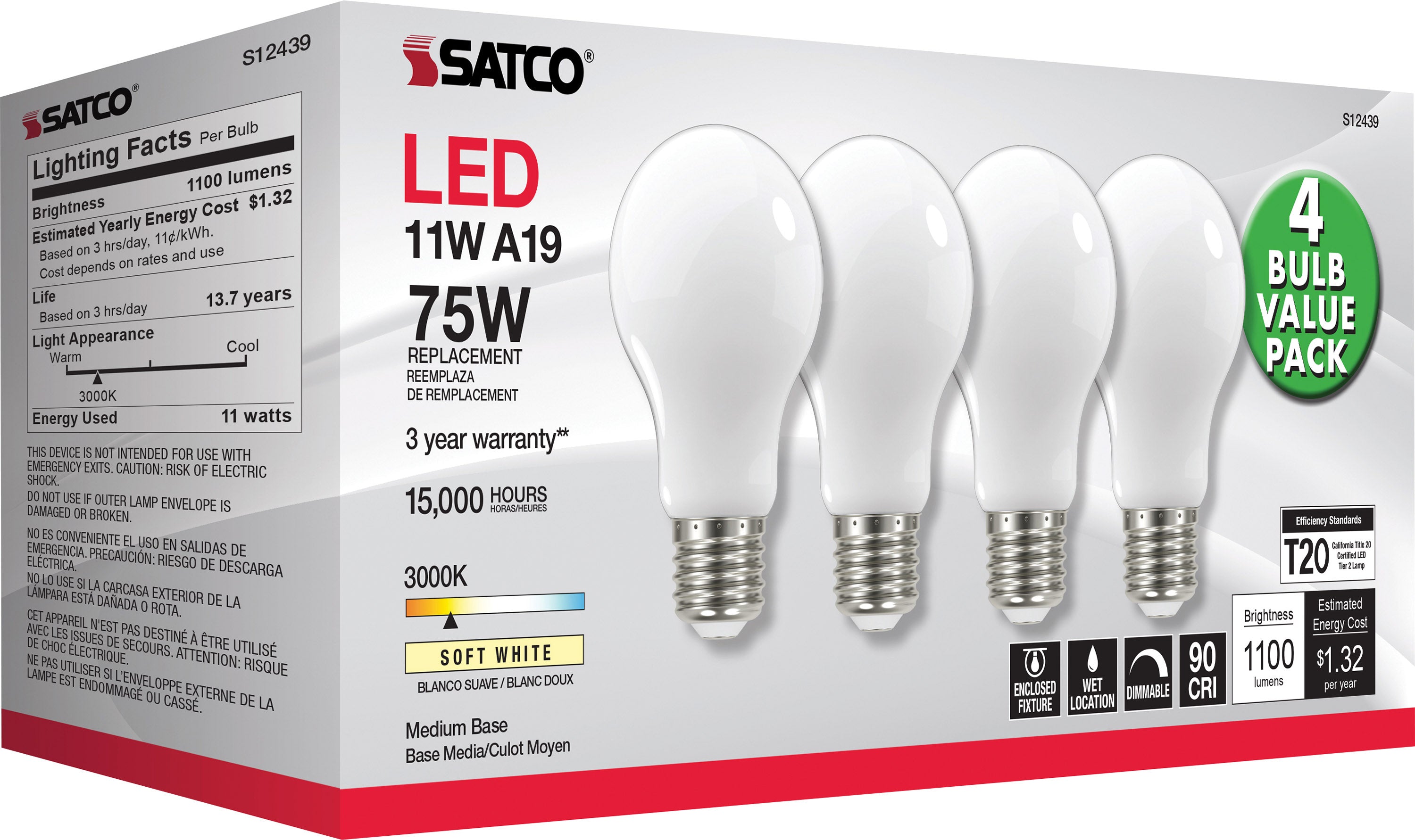 SATCO Satco S12439 A19 LED 11 Watt 75 Watt Replacement 4-Pack