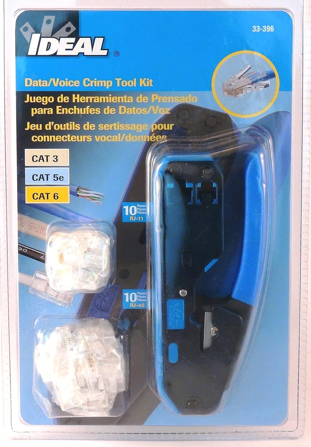 IDEAL INDUSTRIES Ideal Industries 33-396 Data/Voice Modular Plug Crimp Tool Kit, Crimping Tool for CAT3/5e/6 Cables, RJ-45 (8P8C) & RJ-11 (6P6C, 6P4C, 6P2C) with 20 Plugs