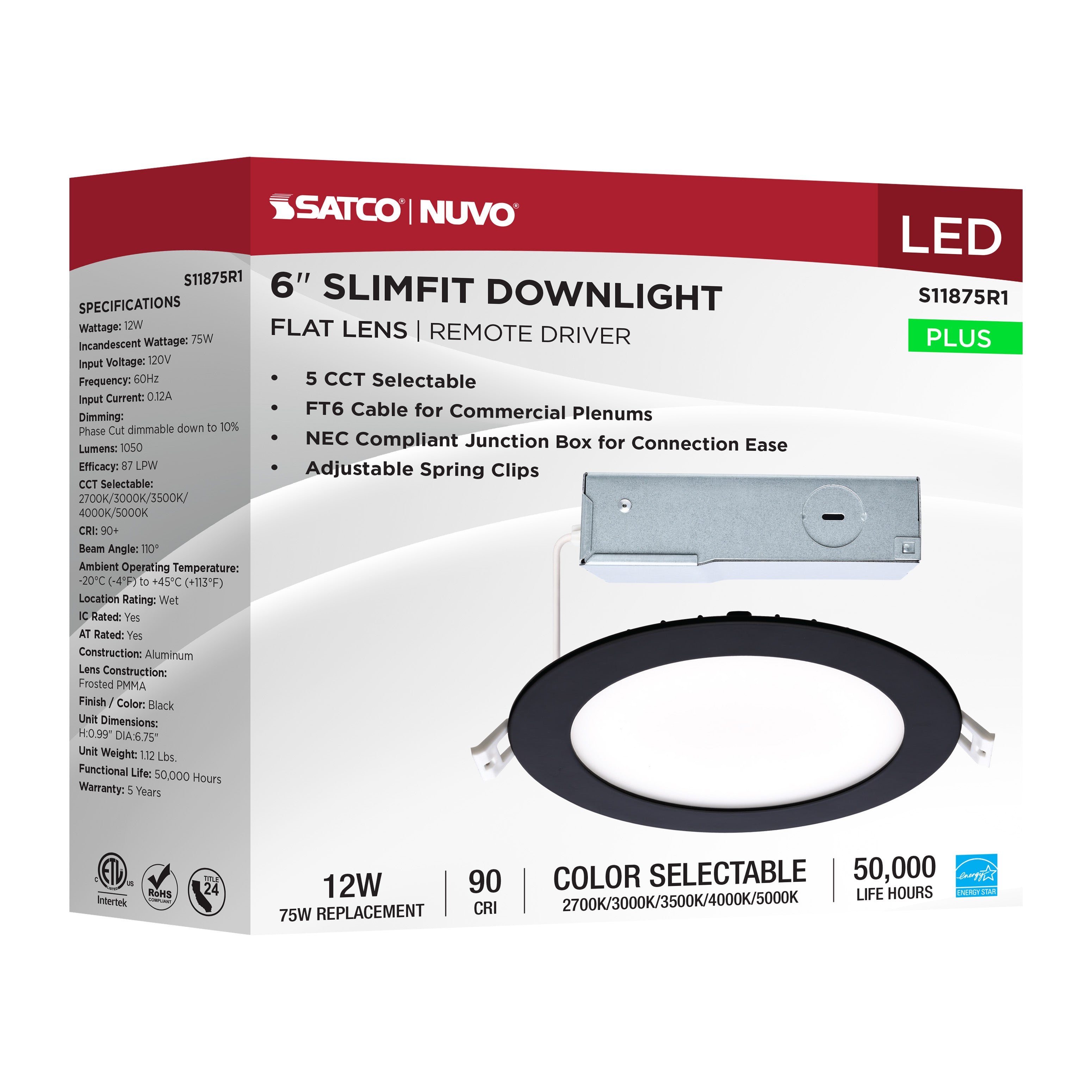 SATCO-NUVO Satco-Nuvo S11875R1 LED Direct Wire Downlight 12W 6 Inch CCT Selectable Dimmable Round Remote Driver