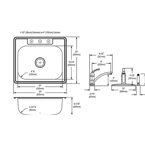 ELKAY Elkay DSE125224DF Dayton Stainless Steel Single Bowl Drop-in Sink And Faucet Kit 25 x 22 x 8.1