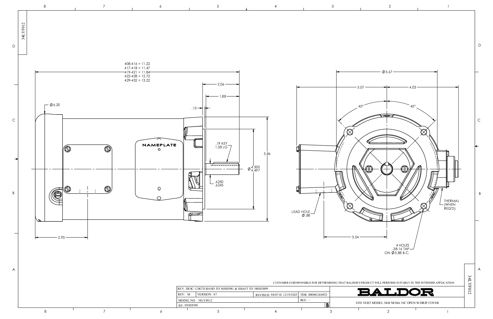 BALDOR Baldor VEM31115 1hp 3450rpm 3ph 60hz 56c 3420m Open F1 N