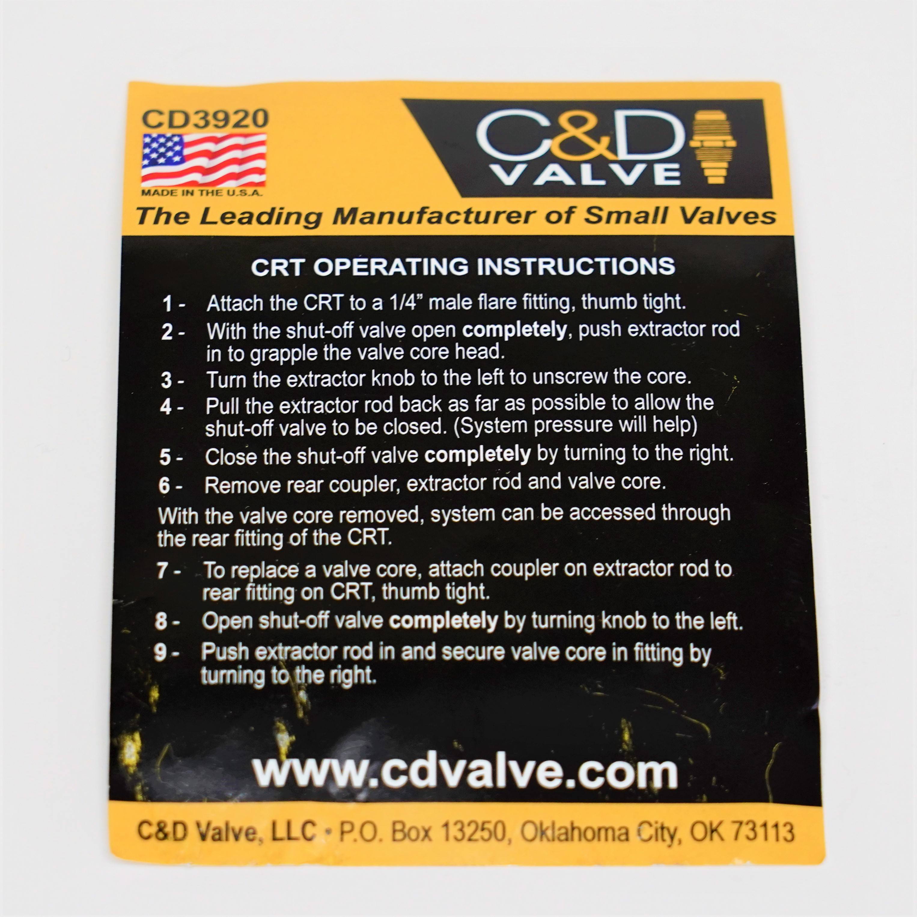 C&D VALVE C&D Valve CD3920 core removal tool 1/4 inches FTG w/ball valve