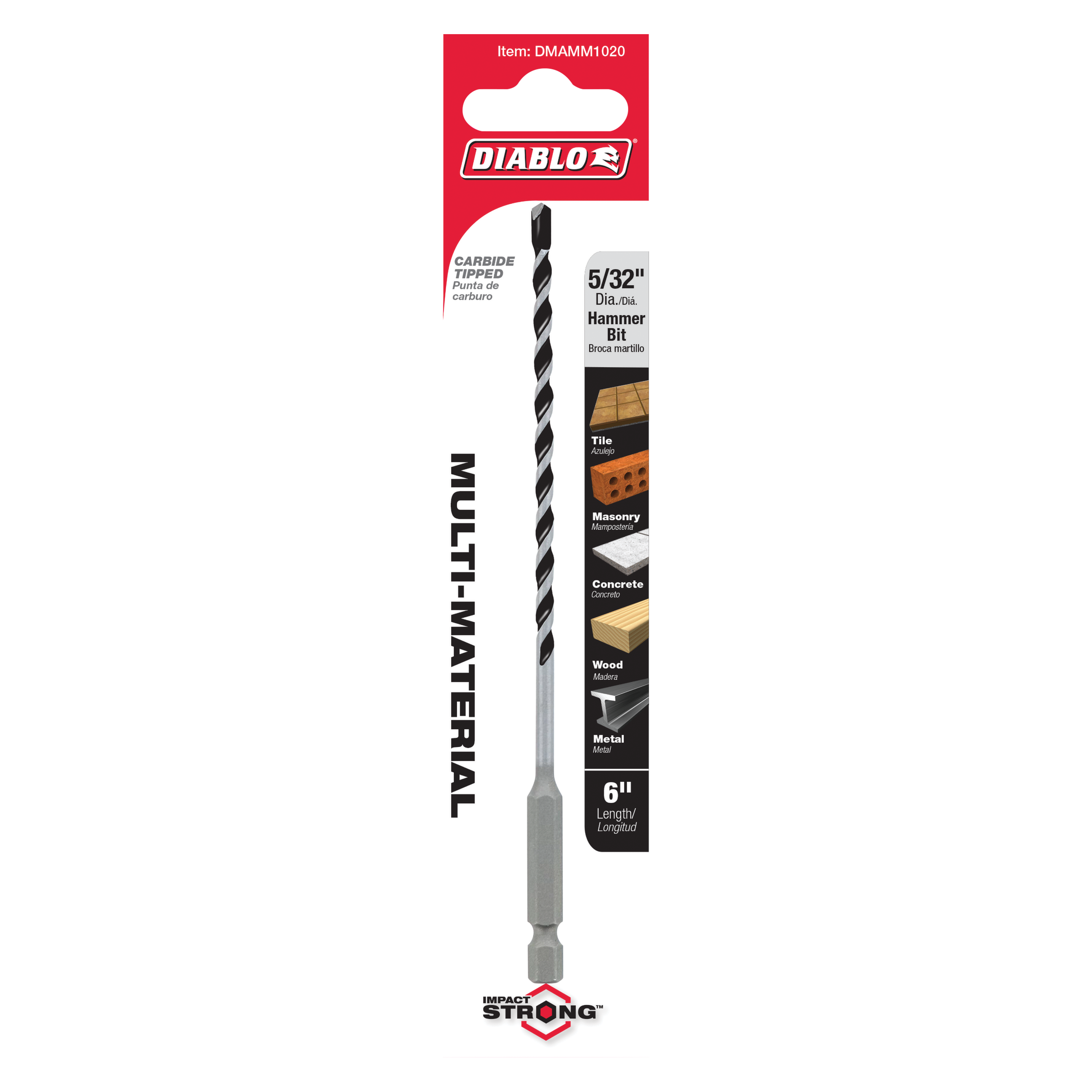 DIABLO Diablo DMAMM1020 multi-material carbide tipped hammer drill bit 5/32 inches x 4 inches x 6 inches hex shank